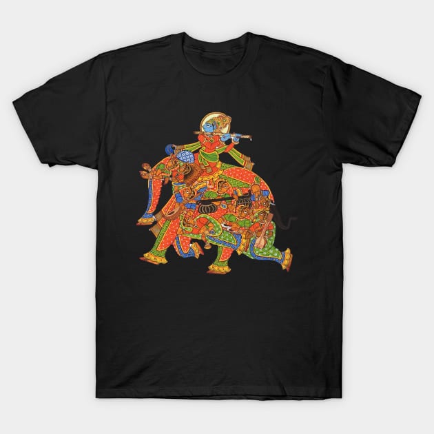 "Narikunjar" Elephant formation by women and lord krishna print indian folk art "phad painting" T-Shirt by gopalpjoshi